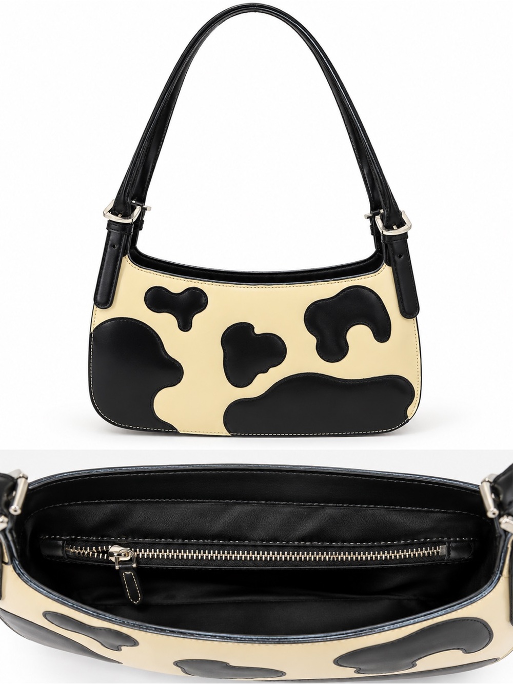 Moschino Black & Cream Cow-Print Shoulder Bag